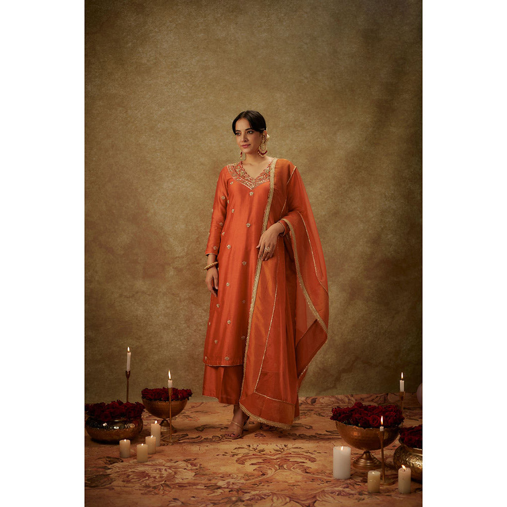 THE AARYA Siara Orange Embroidered Kurta with Palazzo and Dupatta (Set of 3)