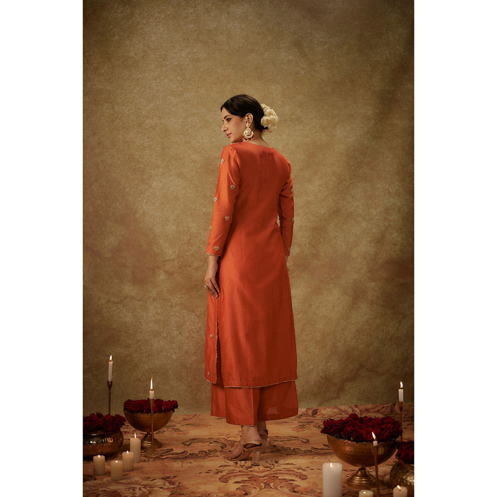 THE AARYA Siara Orange Embroidered Kurta with Palazzo and Dupatta (Set of 3)
