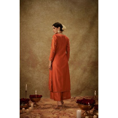THE AARYA Siara Orange Embroidered Kurta with Palazzo and Dupatta (Set of 3)