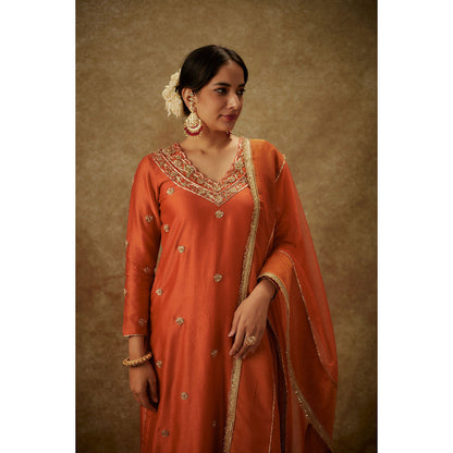 THE AARYA Siara Orange Embroidered Kurta with Palazzo and Dupatta (Set of 3)