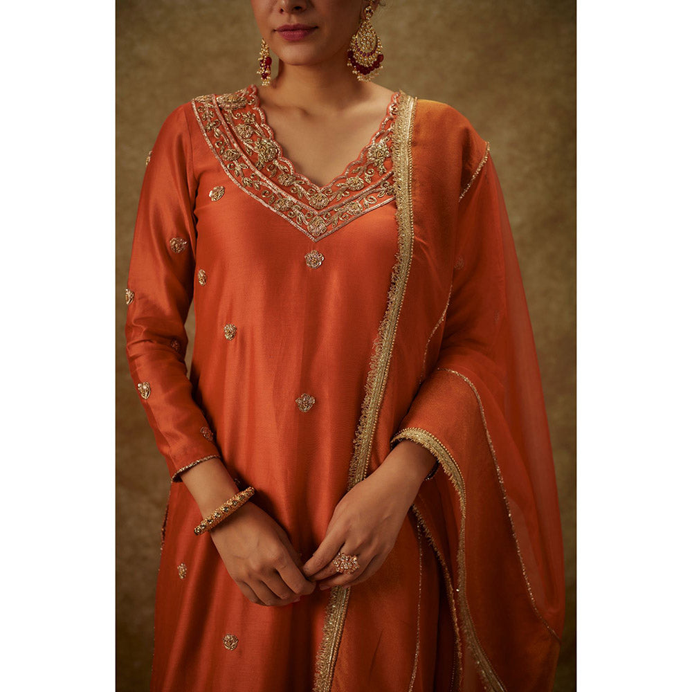 THE AARYA Siara Orange Embroidered Kurta with Palazzo and Dupatta (Set of 3)