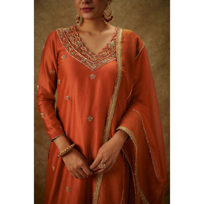 THE AARYA Siara Orange Embroidered Kurta with Palazzo and Dupatta (Set of 3)