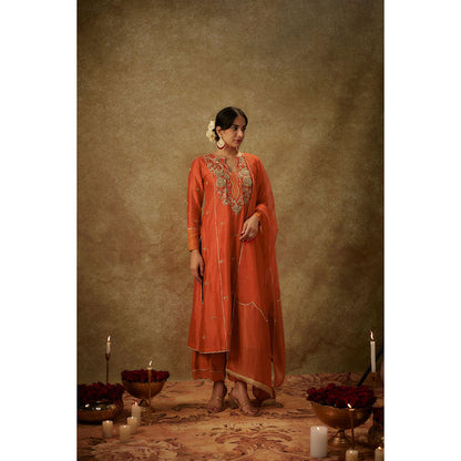 THE AARYA Yura Orange Embroidered Kurta with Palazzo and Dupatta (Set of 3)