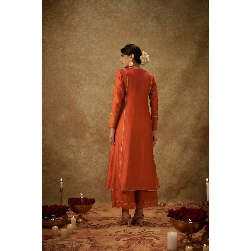 THE AARYA Yura Orange Embroidered Kurta with Palazzo and Dupatta (Set of 3)