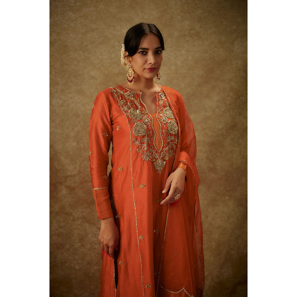 THE AARYA Yura Orange Embroidered Kurta with Palazzo and Dupatta (Set of 3)