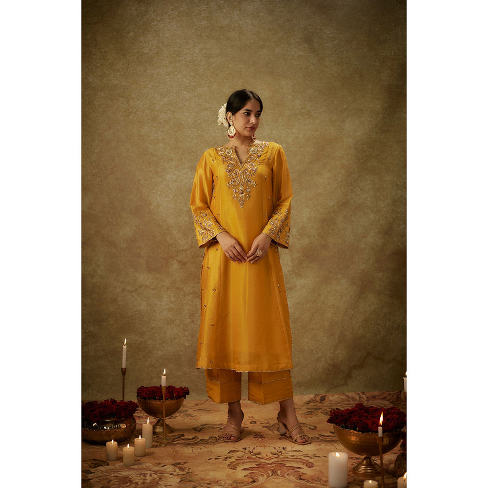 THE AARYA Aira Yellow Embroidered Kurta with Pant and Dupatta (Set of 3)