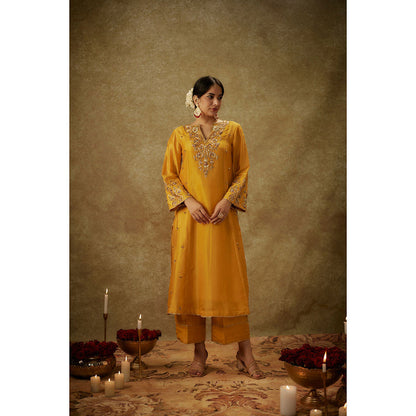 THE AARYA Aira Yellow Embroidered Kurta with Pant and Dupatta (Set of 3)