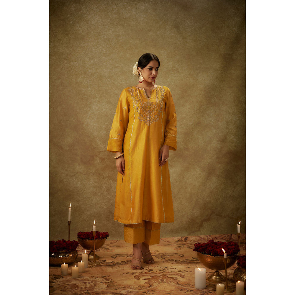 THE AARYA Anabia Yellow Embroidered Kurta with Pant and Dupatta (Set of 3)