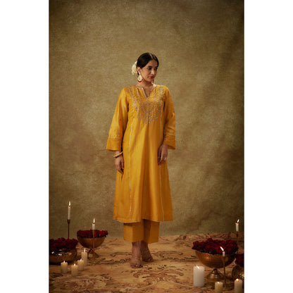 THE AARYA Anabia Yellow Embroidered Kurta with Pant and Dupatta (Set of 3)