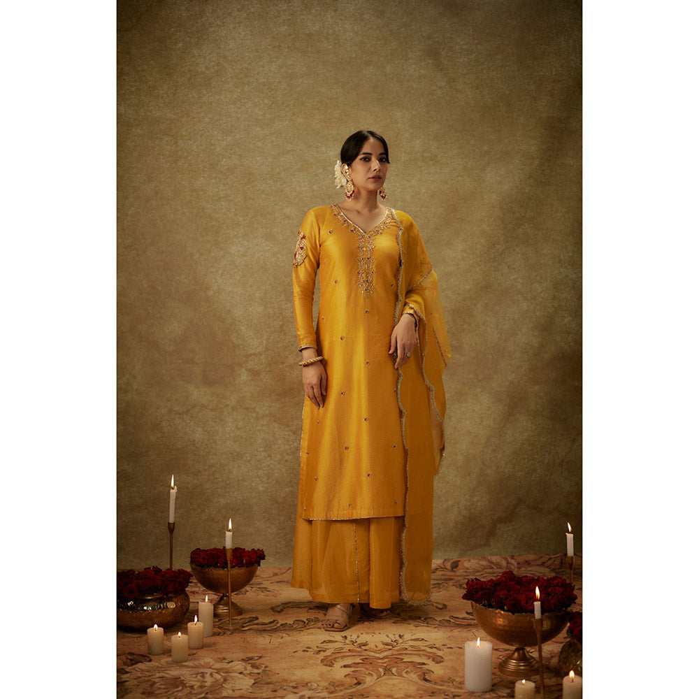 THE AARYA Dilara Yellow Embroidered Kurta with Palazzo and Dupatta (Set of 3)