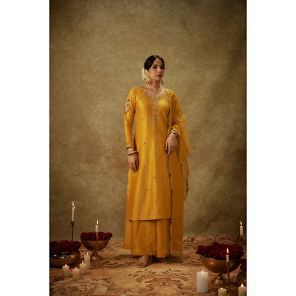 THE AARYA Dilara Yellow Embroidered Kurta with Palazzo and Dupatta (Set of 3)