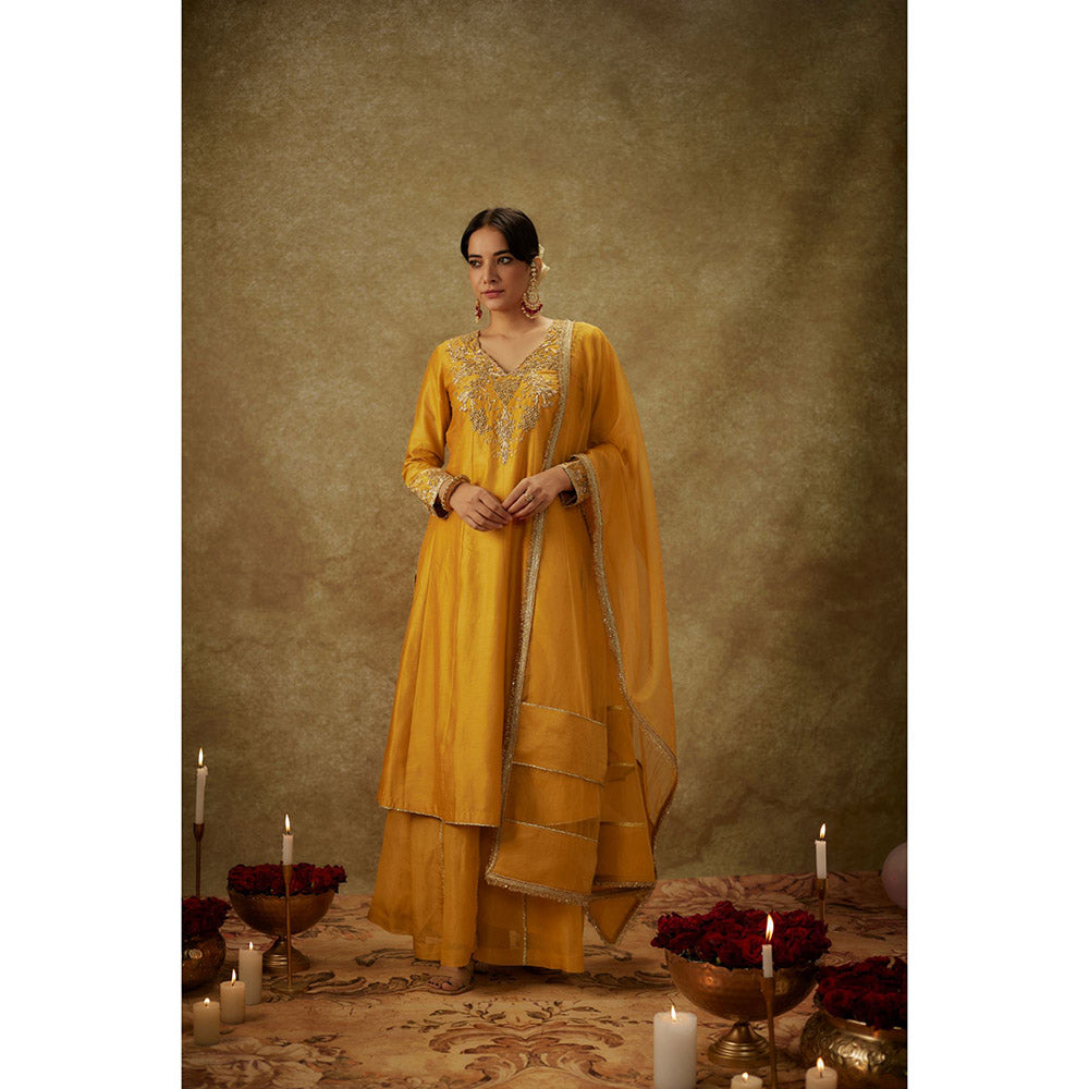 THE AARYA Ayah Yellow Embroidered Anarkali Kurta with Palazzo and Dupatta (Set of 3)