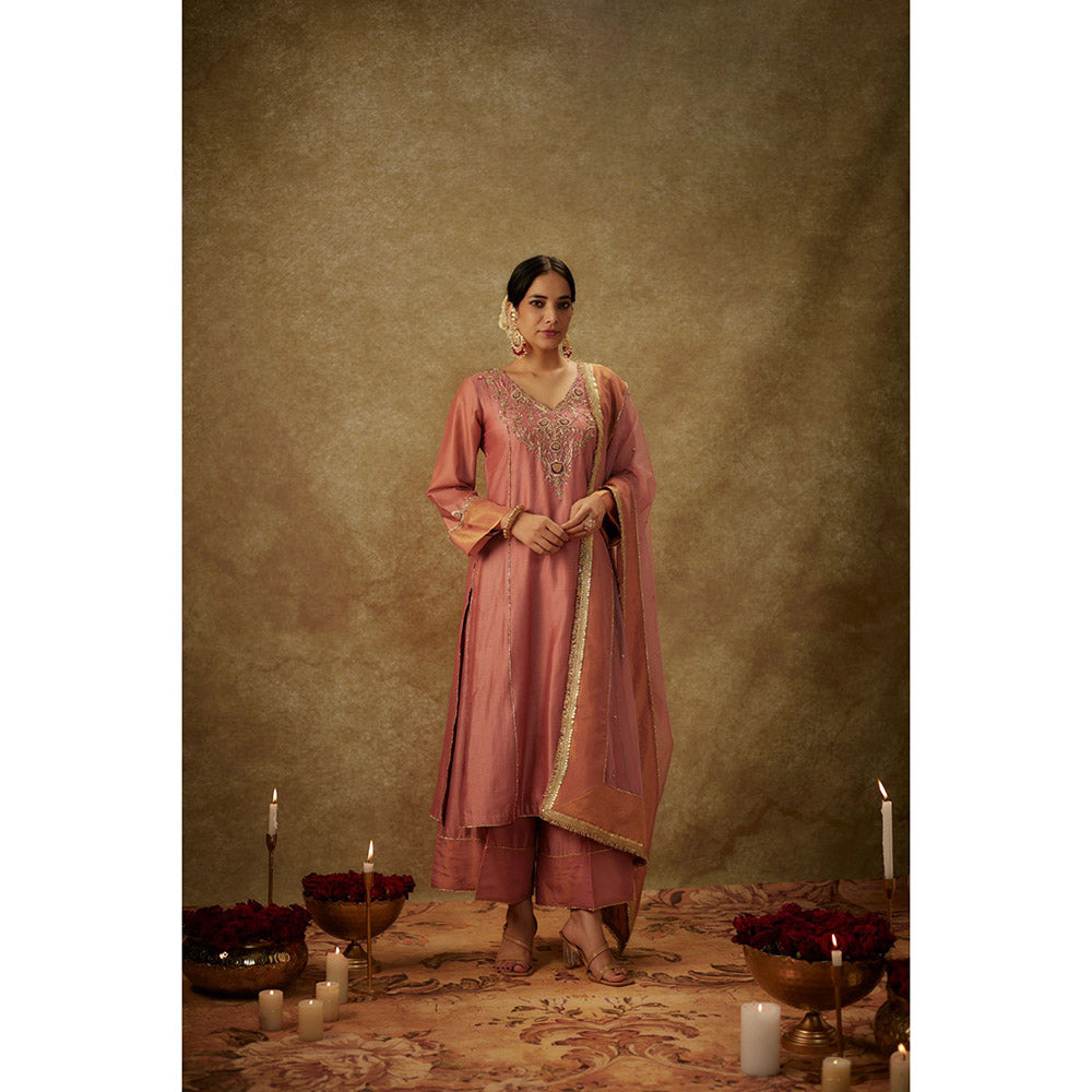 THE AARYA Rea Pink Embroidered Kurta with Palazzo and Dupatta (Set of 3)