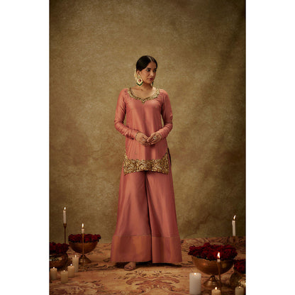 THE AARYA Erva Pink Embroidered Kurti with Palazzo and Dupatta (Set of 3)