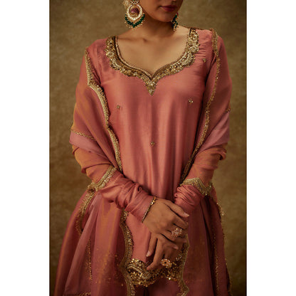 THE AARYA Erva Pink Embroidered Kurti with Palazzo and Dupatta (Set of 3)