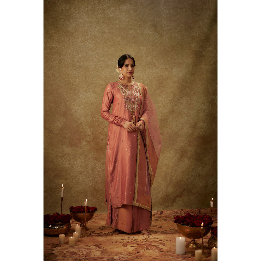 THE AARYA Naira Pink Embroider Ed Kurta with Palazzo and Dupatta (Set of 3)