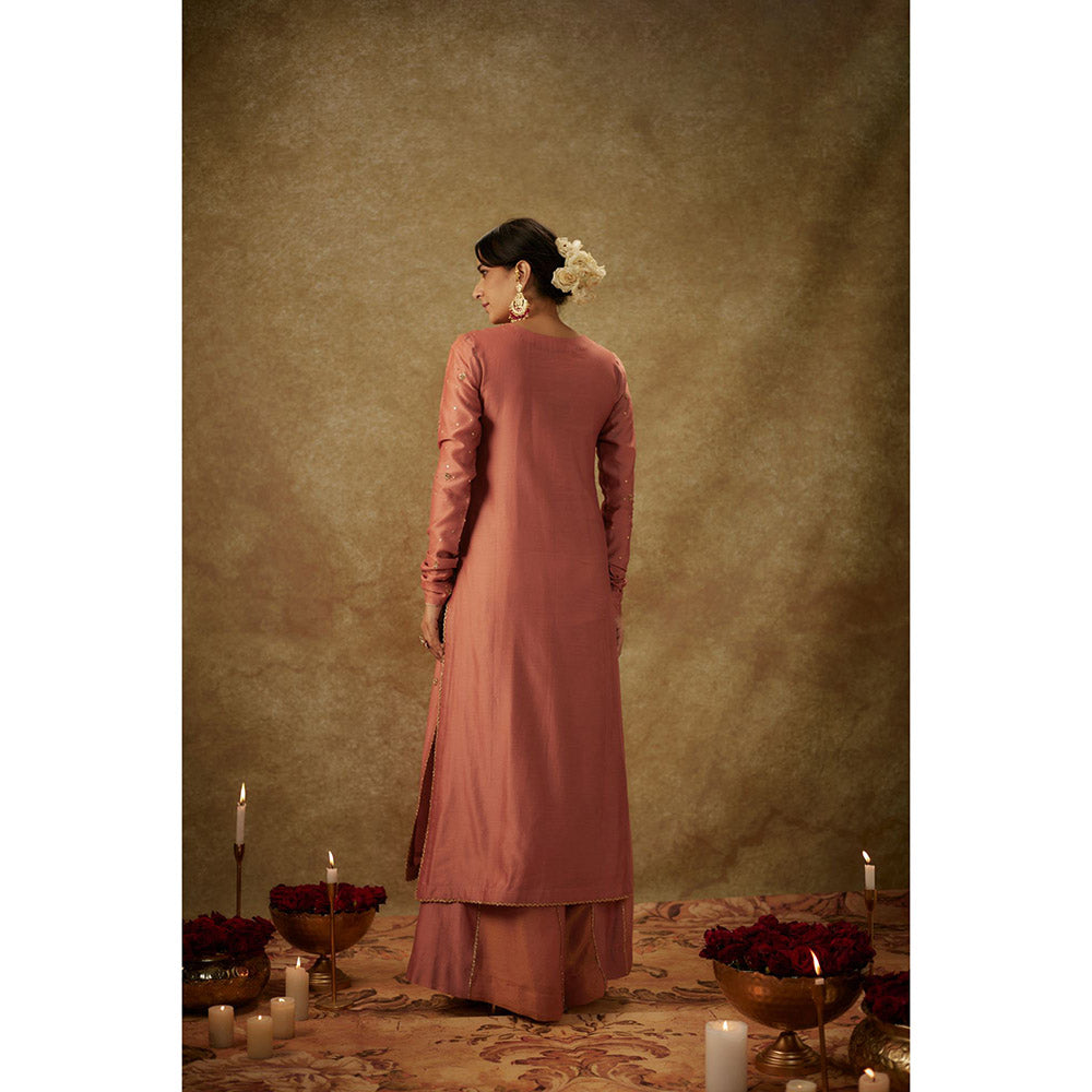 THE AARYA Naira Pink Embroider Ed Kurta with Palazzo and Dupatta (Set of 3)