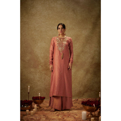 THE AARYA Naira Pink Embroider Ed Kurta with Palazzo and Dupatta (Set of 3)
