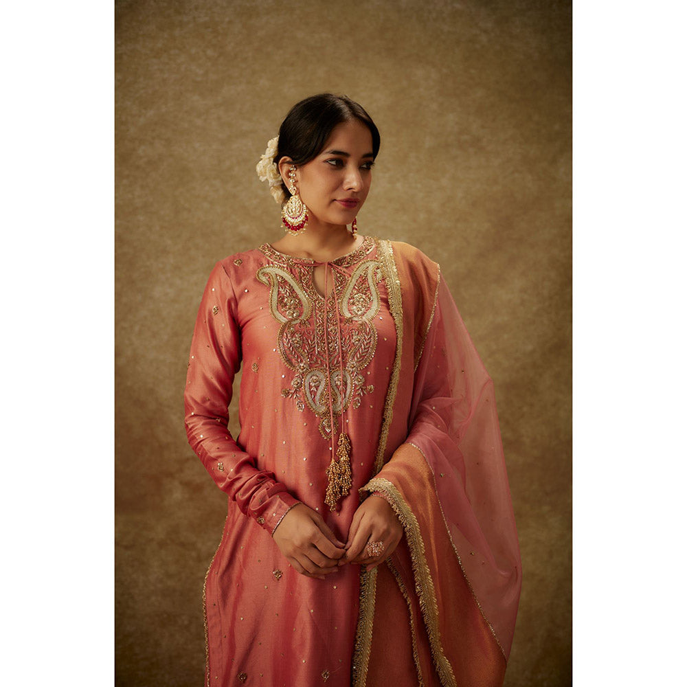 THE AARYA Naira Pink Embroider Ed Kurta with Palazzo and Dupatta (Set of 3)