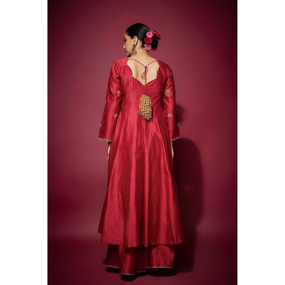 THE AARYA Red Athira Embellished Anarkali with Palazzo and Dupatta (Set of 3)