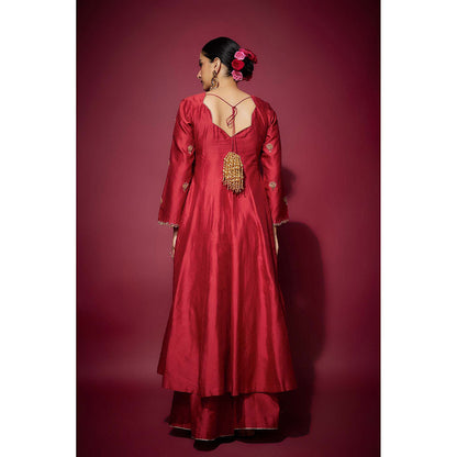 THE AARYA Red Athira Embellished Anarkali with Palazzo and Dupatta (Set of 3)