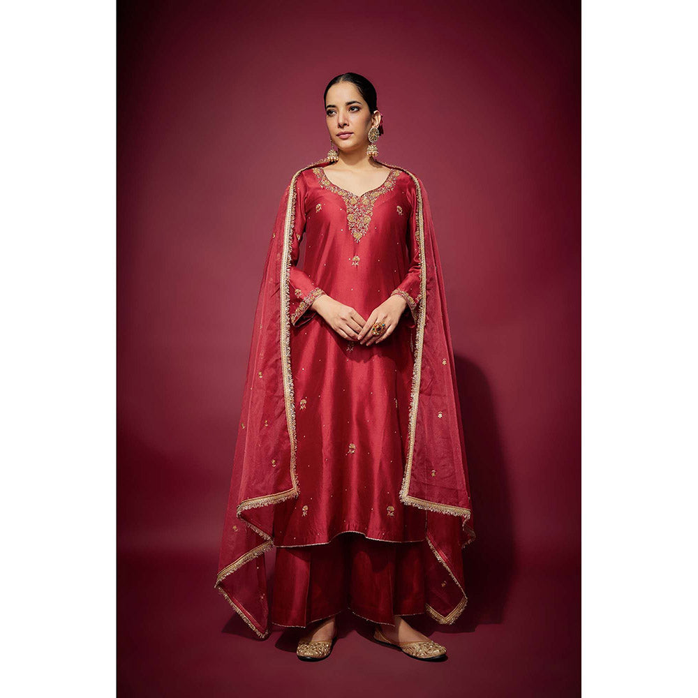 THE AARYA Red Raia Embellished Kurta with Palazzo and Dupatta (Set of 3)