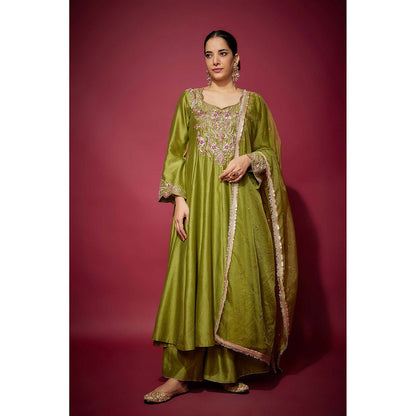 THE AARYA Green Reyna Embellished Anarkali with Palazzo and Dupatta (Set of 3)