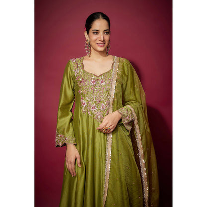 THE AARYA Green Reyna Embellished Anarkali with Palazzo and Dupatta (Set of 3)