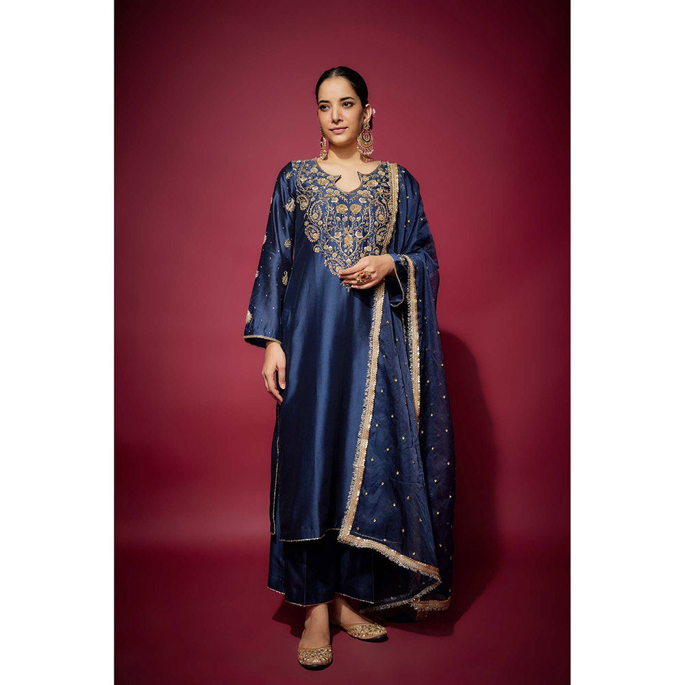 THE AARYA Navy Blue Firdaws Embellished Kurta with Palazzo and Dupatta (Set of 3)