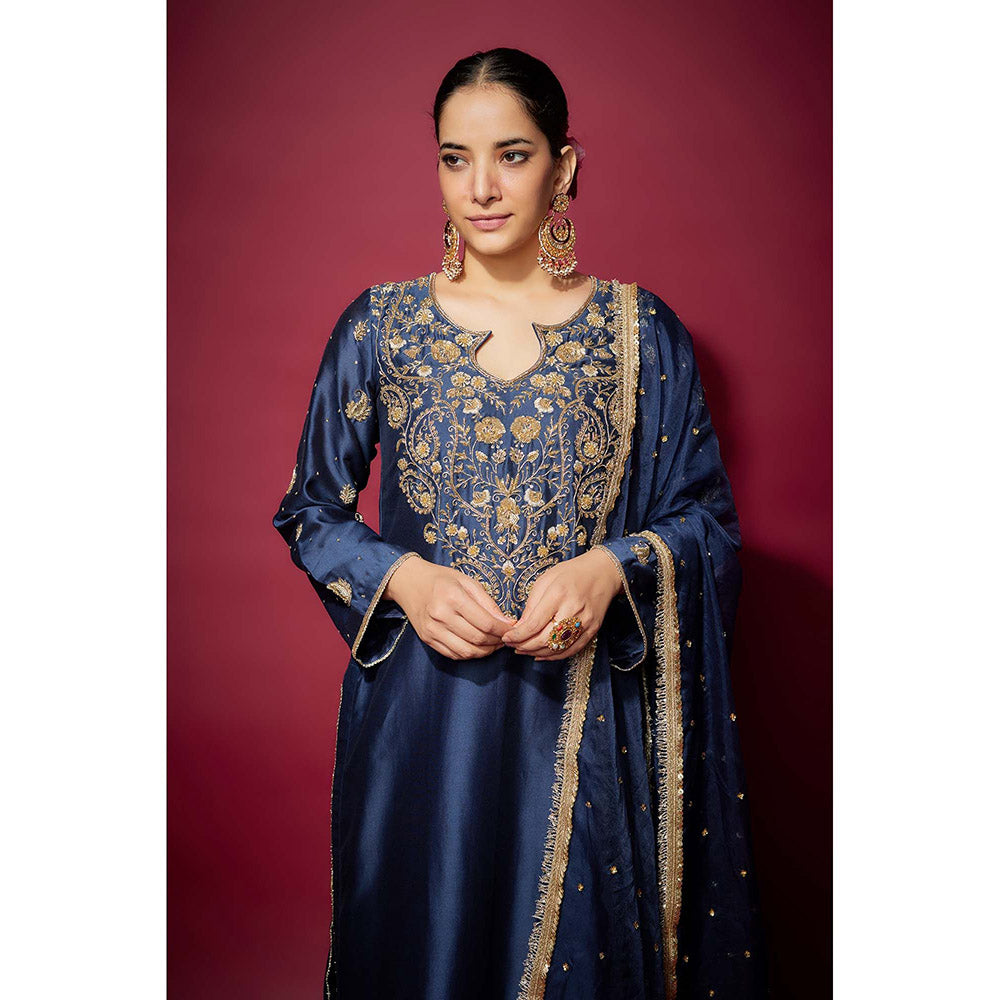 THE AARYA Navy Blue Firdaws Embellished Kurta with Palazzo and Dupatta (Set of 3)