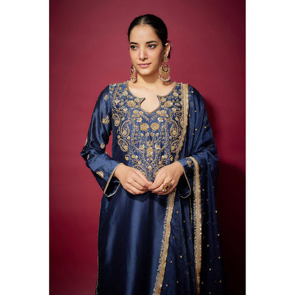 THE AARYA Navy Blue Firdaws Embellished Kurta with Palazzo and Dupatta (Set of 3)