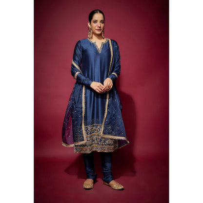THE AARYA Navy Blue Adena Embellished Kurta with Churidar and Dupatta (Set of 3)