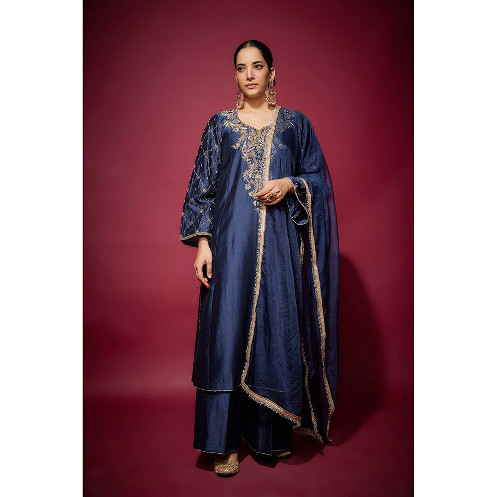THE AARYA Navy Blue Seren Embellished Kurta with Palazzo and Dupatta (Set of 3)