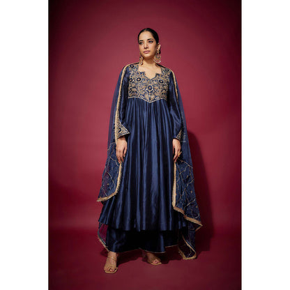 THE AARYA Navy Blue Izara Embellished Anarkali with Palazzo and Dupatta (Set of 3)