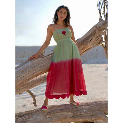 The Loom Art Avocado Punch Green and Red Dress with Belt (Set of 2)