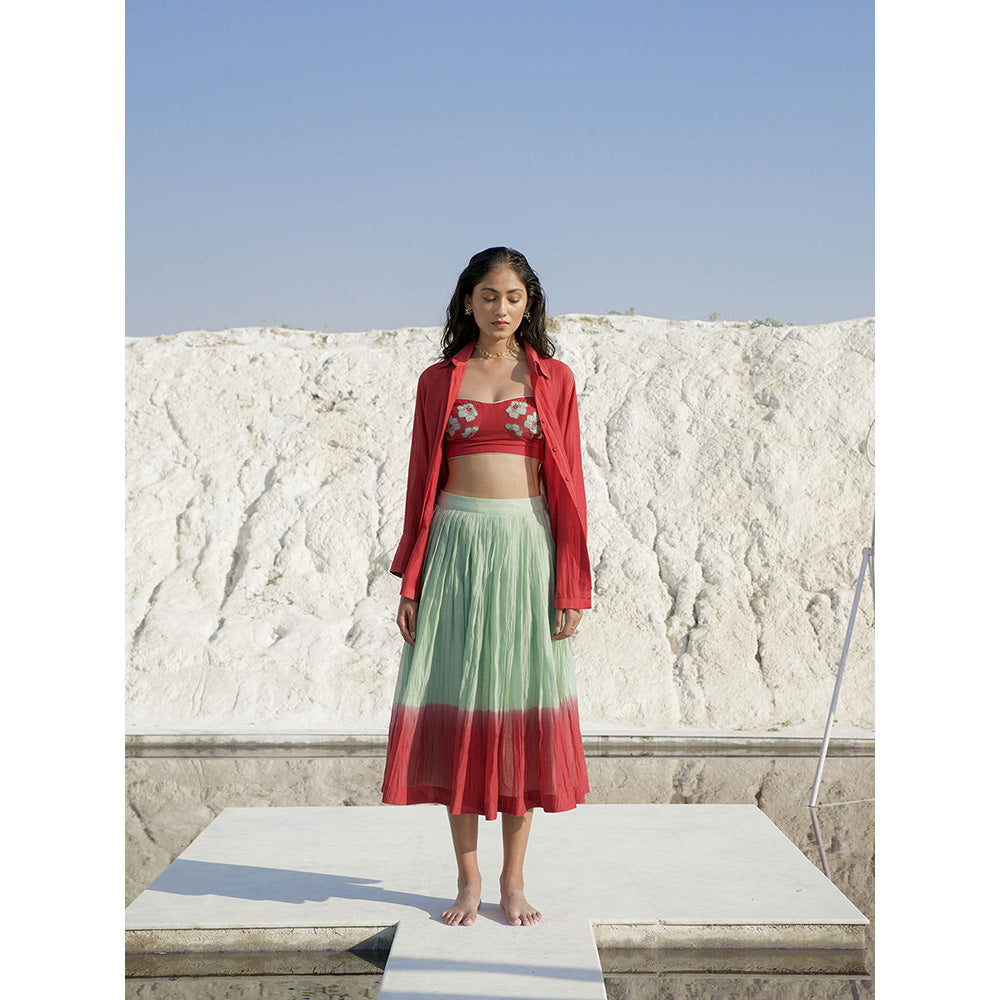 The Loom Art Mint Green and Wine Red Shirt Bralette and Skirt (Set of 3)