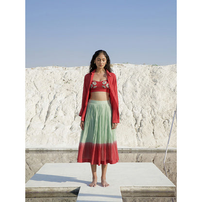 The Loom Art Mint Green and Wine Red Shirt Bralette and Skirt (Set of 3)