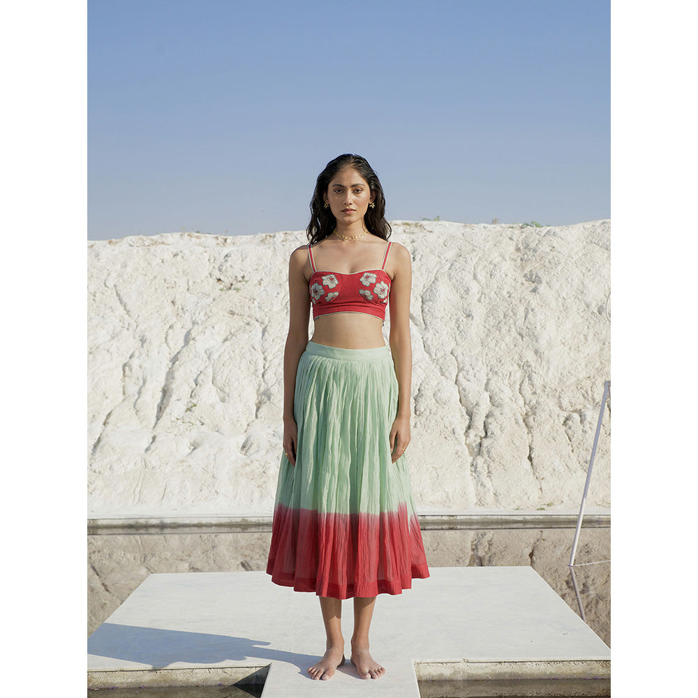 The Loom Art Mint Green and Wine Red Shirt Bralette and Skirt (Set of 3)
