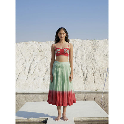 The Loom Art Mint Green and Wine Red Shirt Bralette and Skirt (Set of 3)