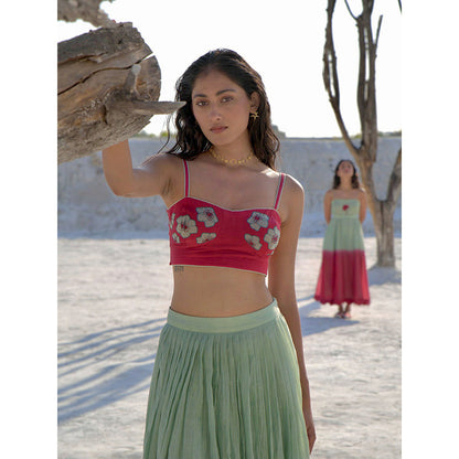 The Loom Art Mint Green and Wine Red Shirt Bralette and Skirt (Set of 3)