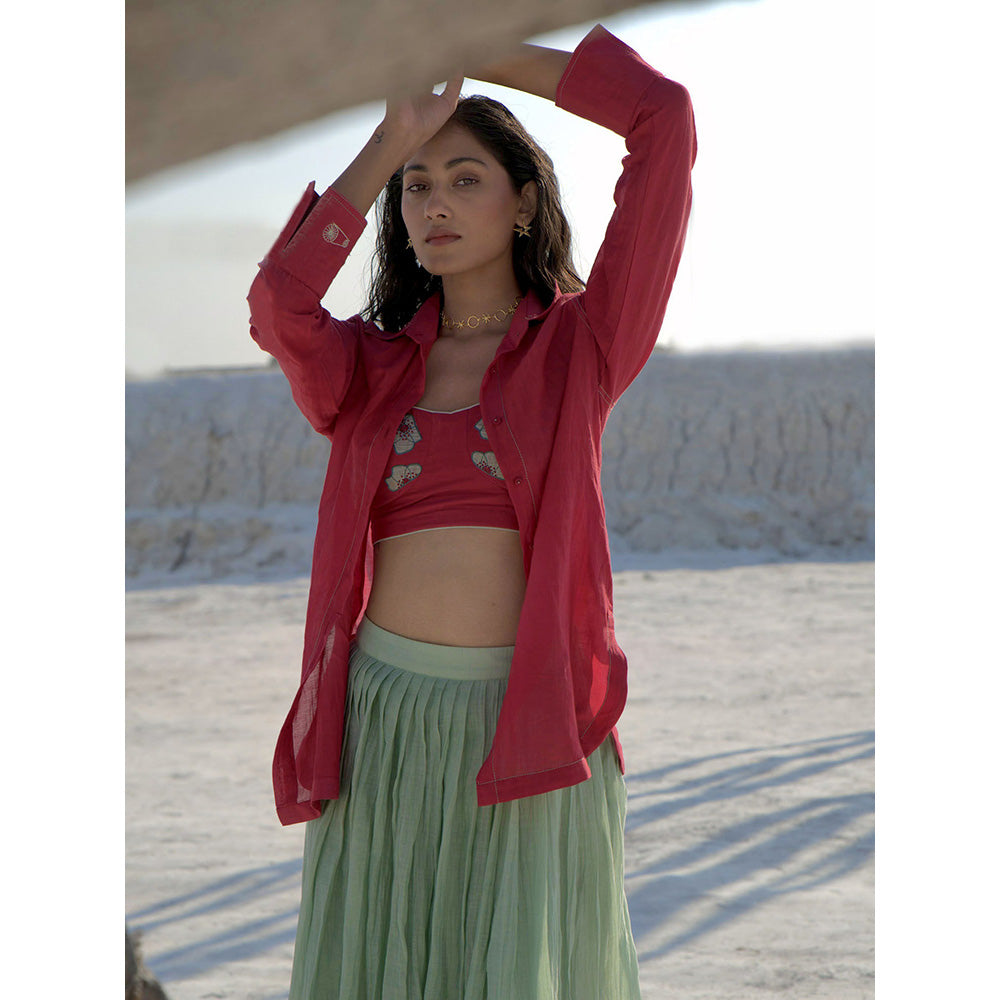 The Loom Art Mint Green and Wine Red Shirt Bralette and Skirt (Set of 3)
