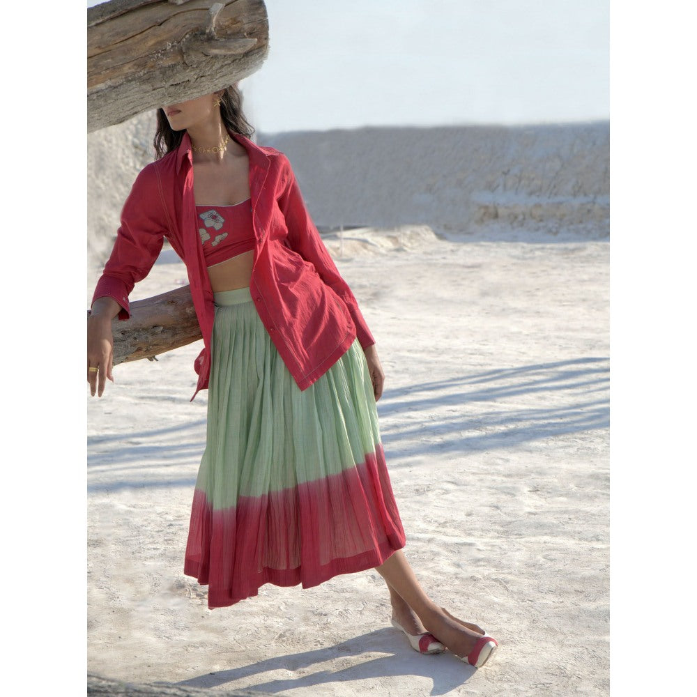 The Loom Art Mint Green and Wine Red Shirt Bralette and Skirt (Set of 3)
