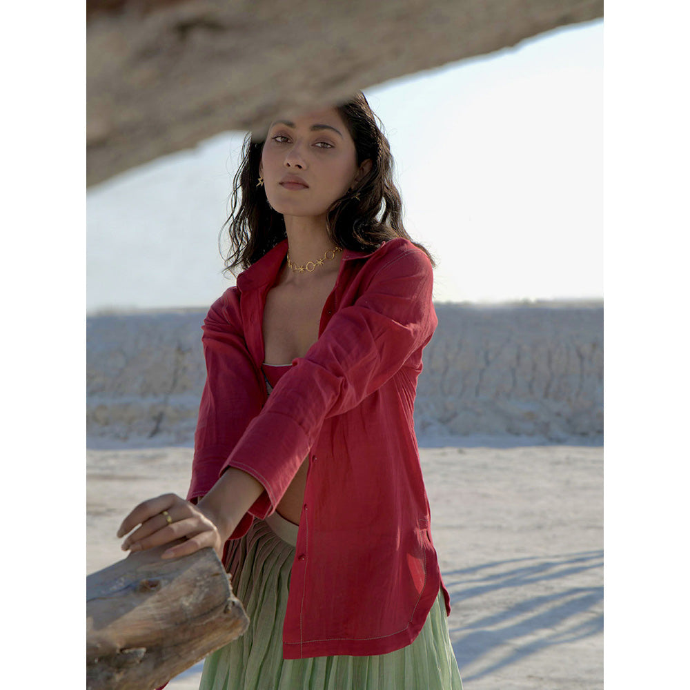 The Loom Art Mint Green and Wine Red Shirt Bralette and Skirt (Set of 3)