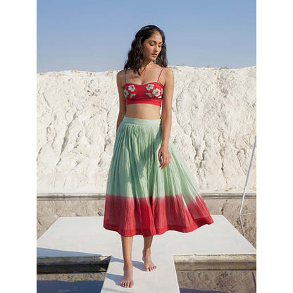 The Loom Art Red Shirt With Skirt And Crop Top