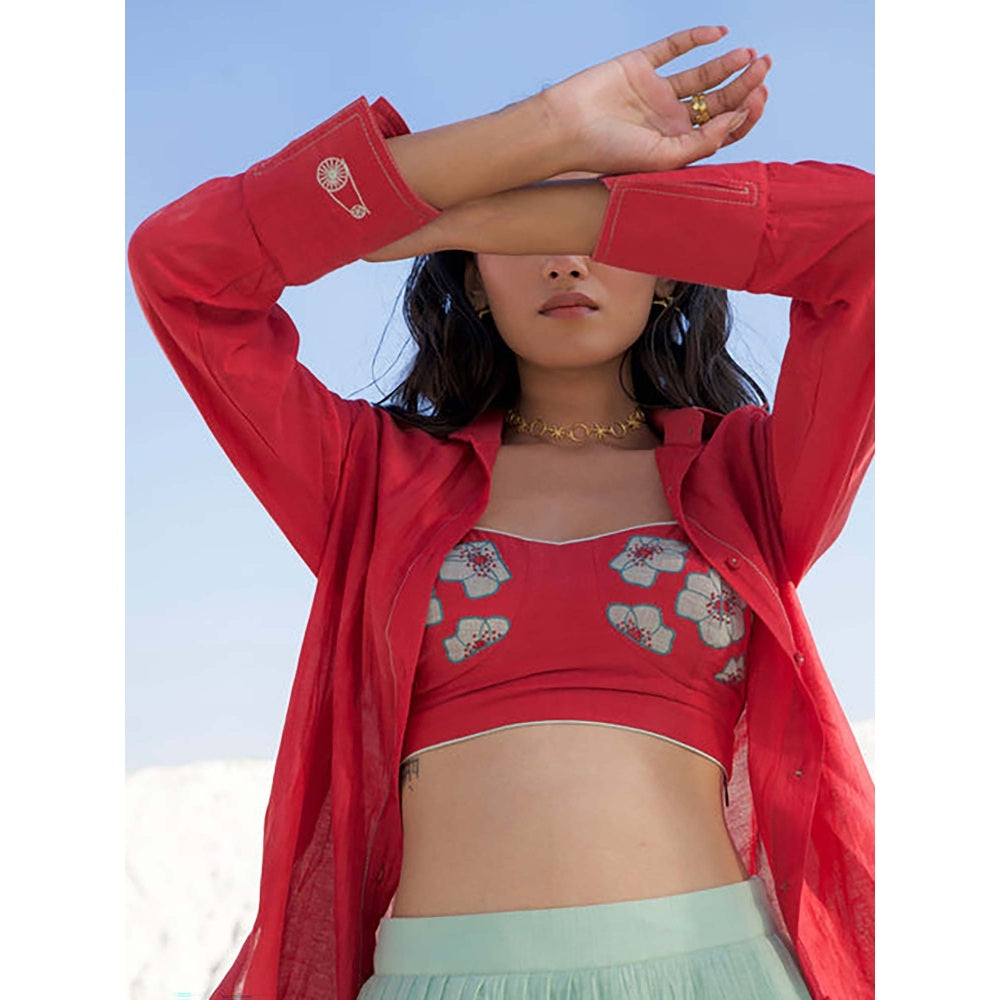 The Loom Art Red Shirt With Skirt And Crop Top