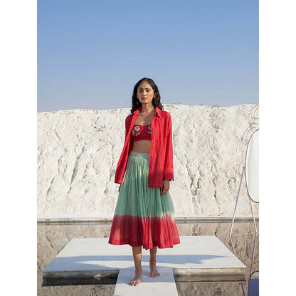 The Loom Art Red Shirt With Skirt And Crop Top