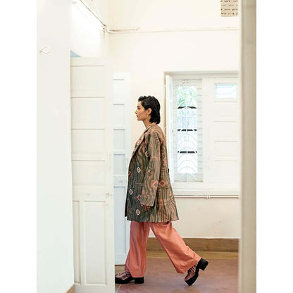 The Loom Art Salmon Moss Crop Top With Pant And Blazer