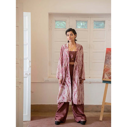 The Loom Art Rosewood Maroon Blazer Jacket With Crop Top And Pant
