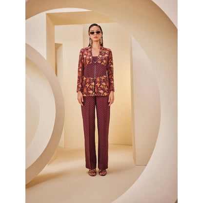 THE ROYALEUM ATELIER Maroon Corset Tube Top with Pant and Jacket (Set of 3)
