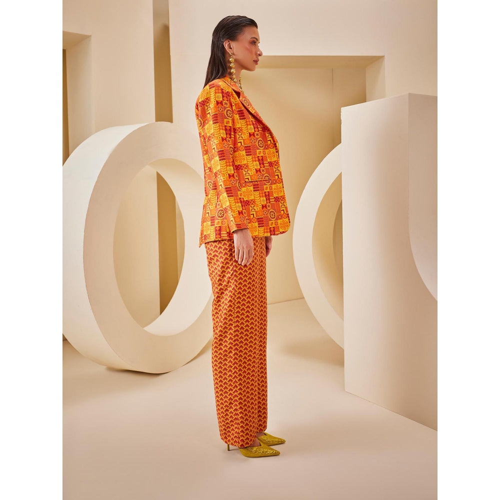 THE ROYALEUM ATELIER Orange Pant with Corset Top and Blazer (Set of 3)